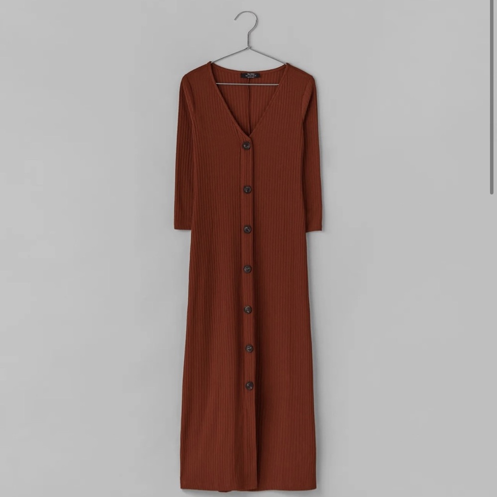BERSHKA Dark Burnt Orange Midi Dress with Buttons | Size Medium